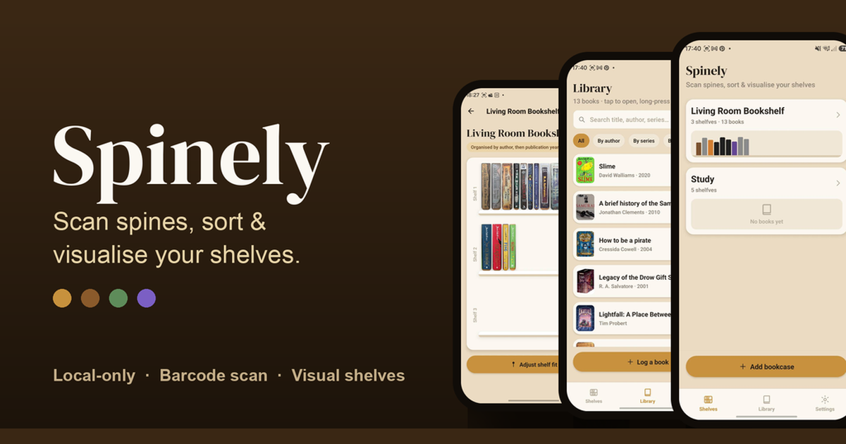 Spinely - rearrange your real bookshelves before you move a single book logo