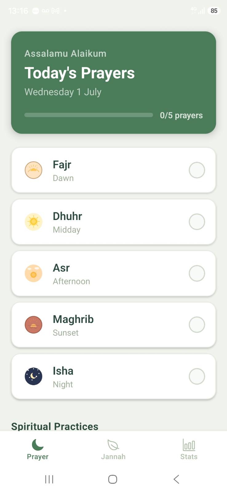 Jannah Builder prayer logging screen