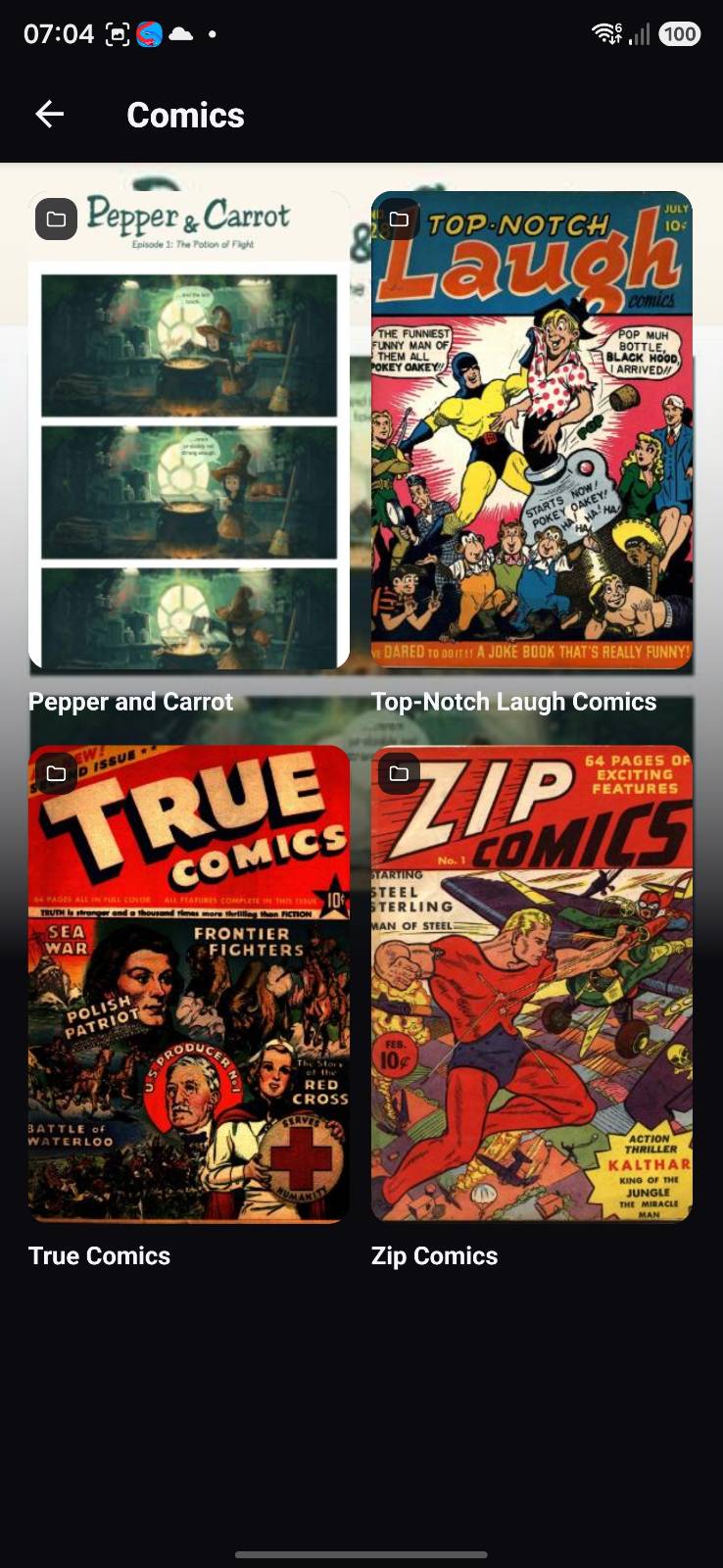 OPDSy comics folder showing a grid of comic series cover art