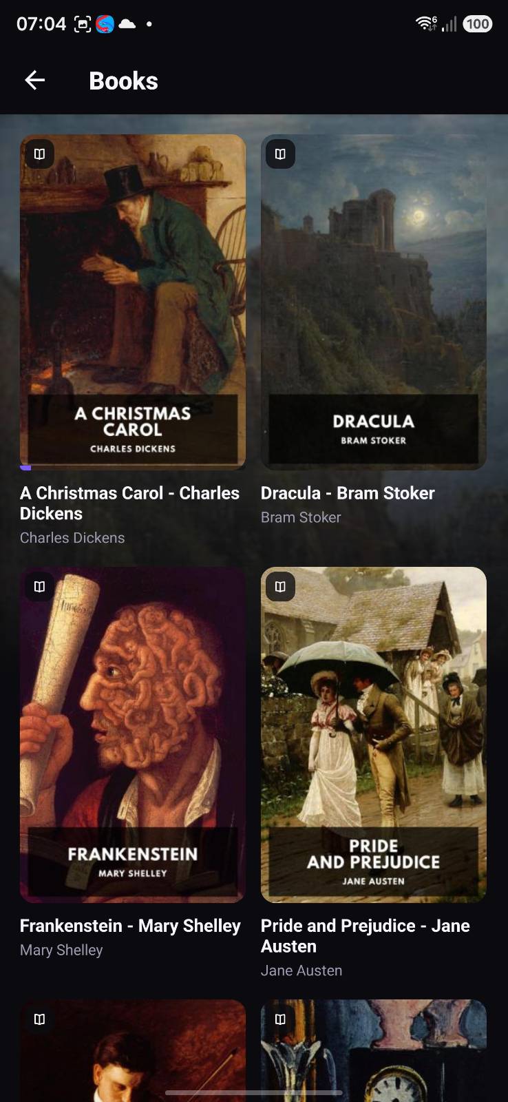 OPDSy books folder showing a grid of ebook covers with titles and authors