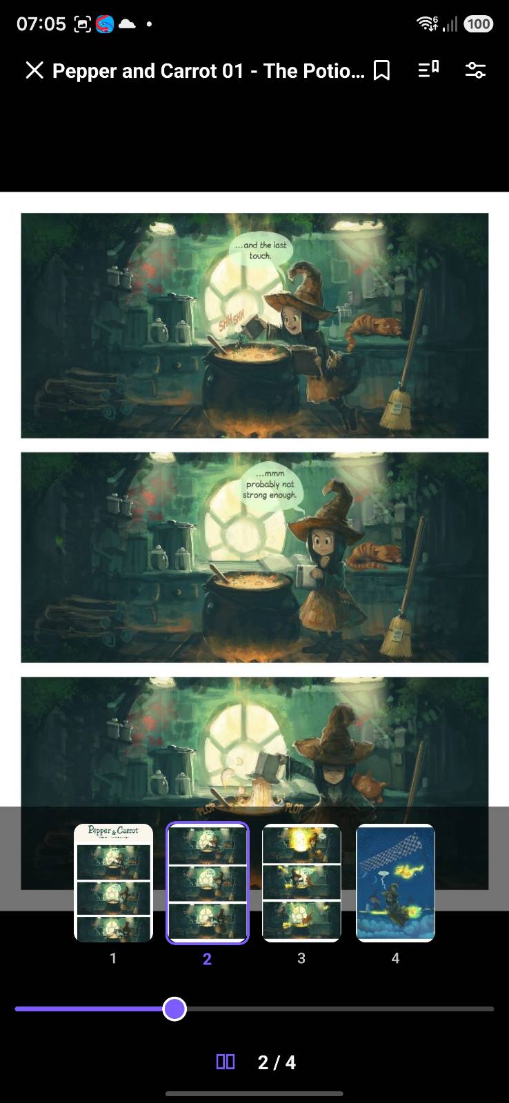OPDSy comic reader with the page thumbnail strip open for jumping between pages