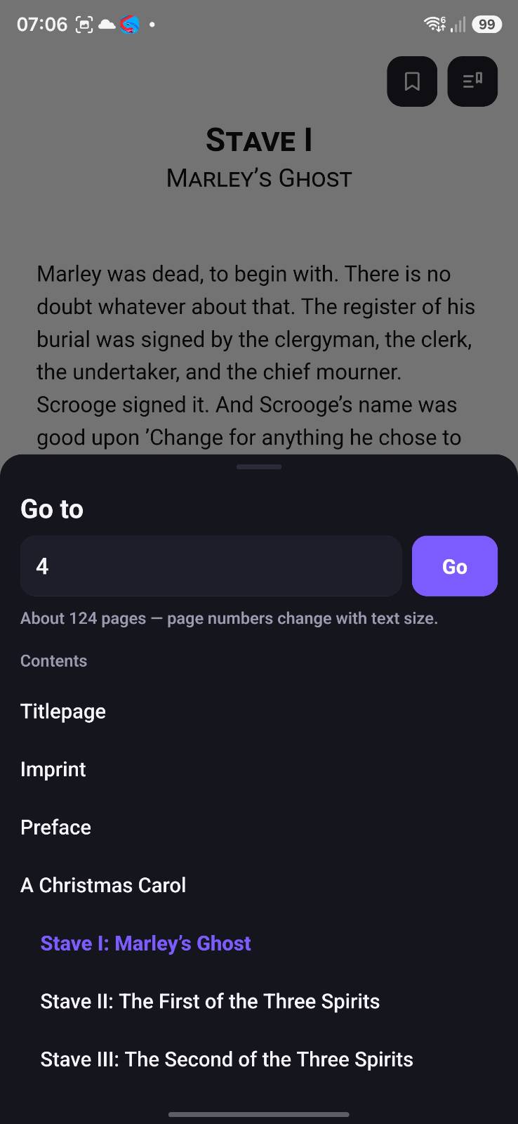 OPDSy ebook reader with the contents panel open for jumping to a chapter or page number