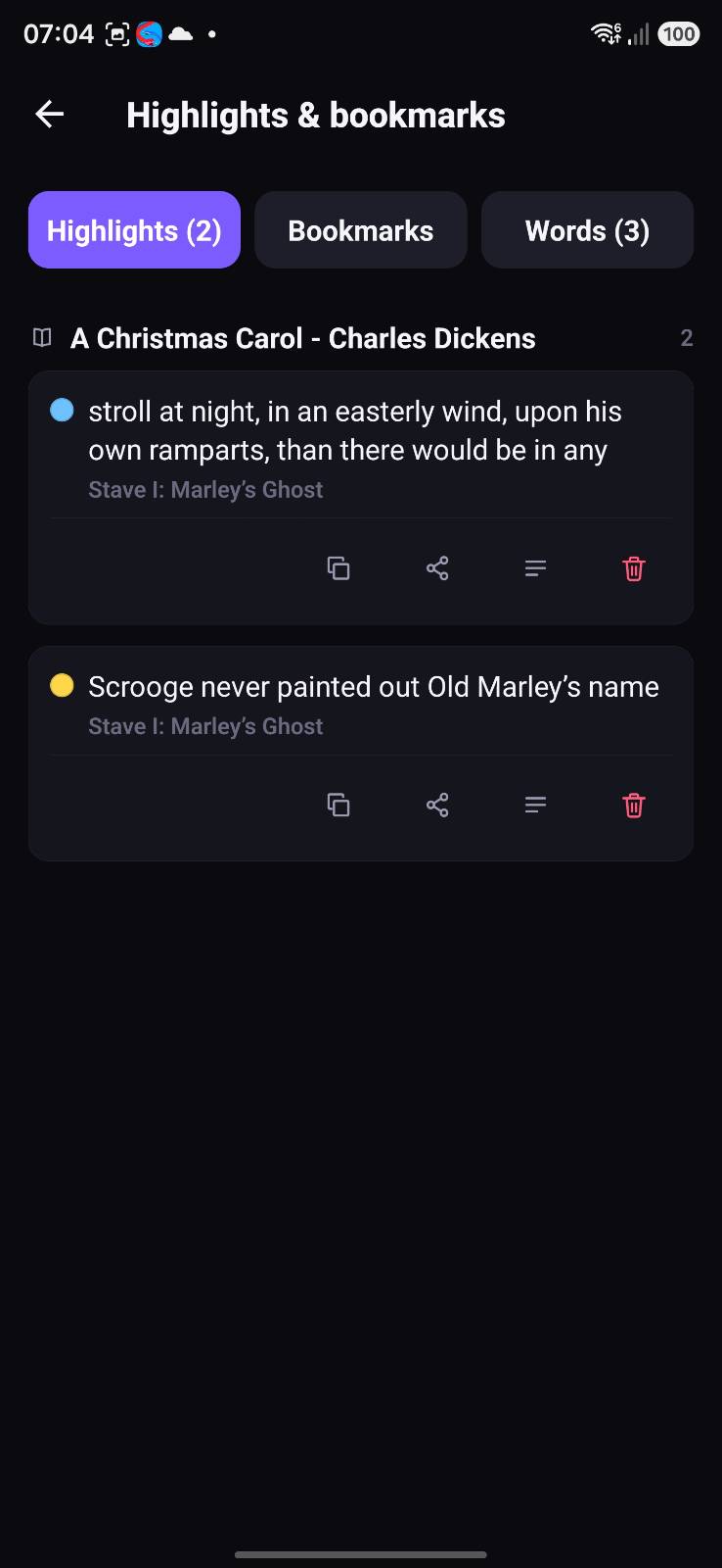 OPDSy highlights and bookmarks screen with tabs for highlights, bookmarks and looked-up words