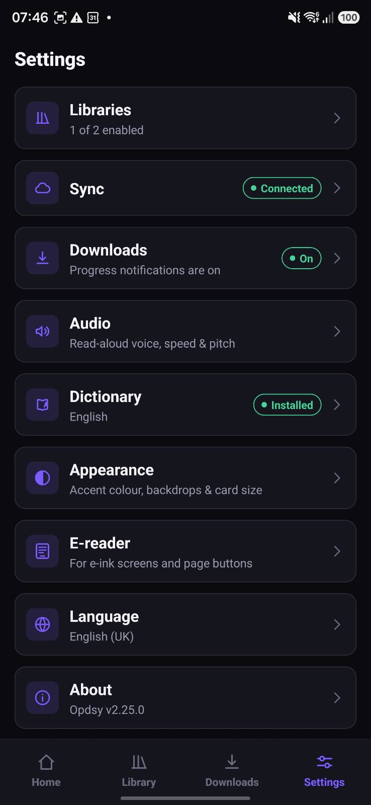 OPDSy settings screen with libraries, sync, downloads, audio, dictionary, appearance, e-reader, language and about