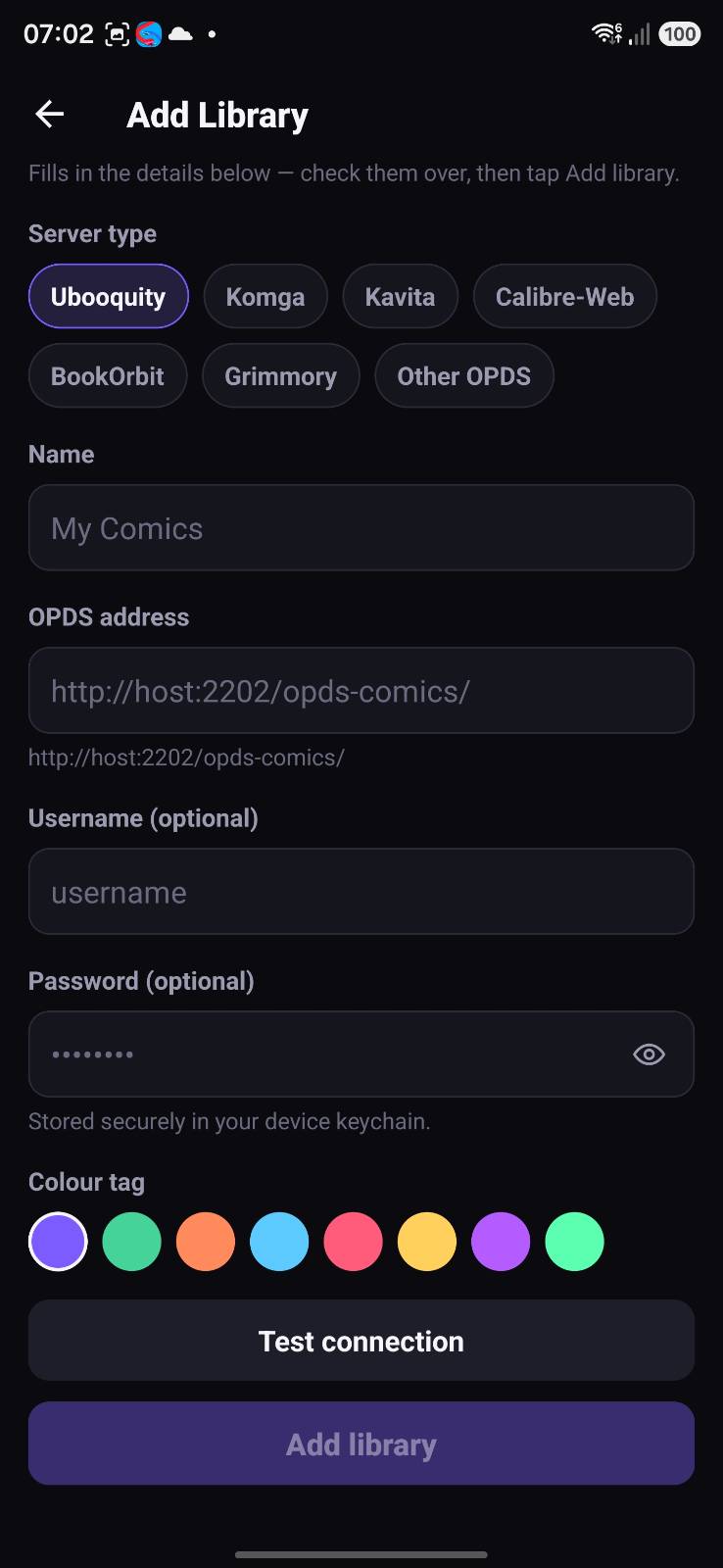 OPDSy add library form with server type presets for Ubooquity, Komga, Kavita, Calibre-Web, BookOrbit, Grimmory and other OPDS servers