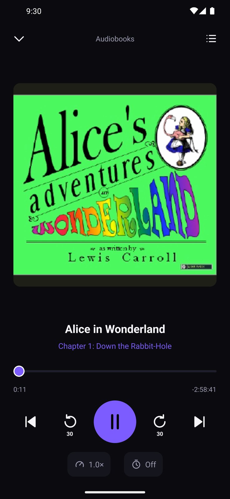 OPDSy audiobook player with cover art, the current chapter, a seek bar, 30-second skips, playback speed and a sleep timer