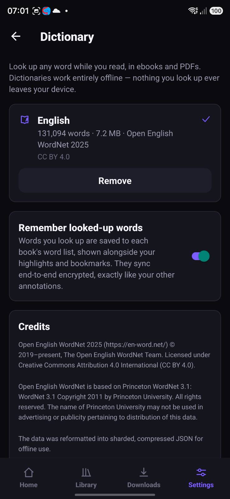 OPDSy dictionary settings with the offline English dictionary installed and looked-up words saved per book