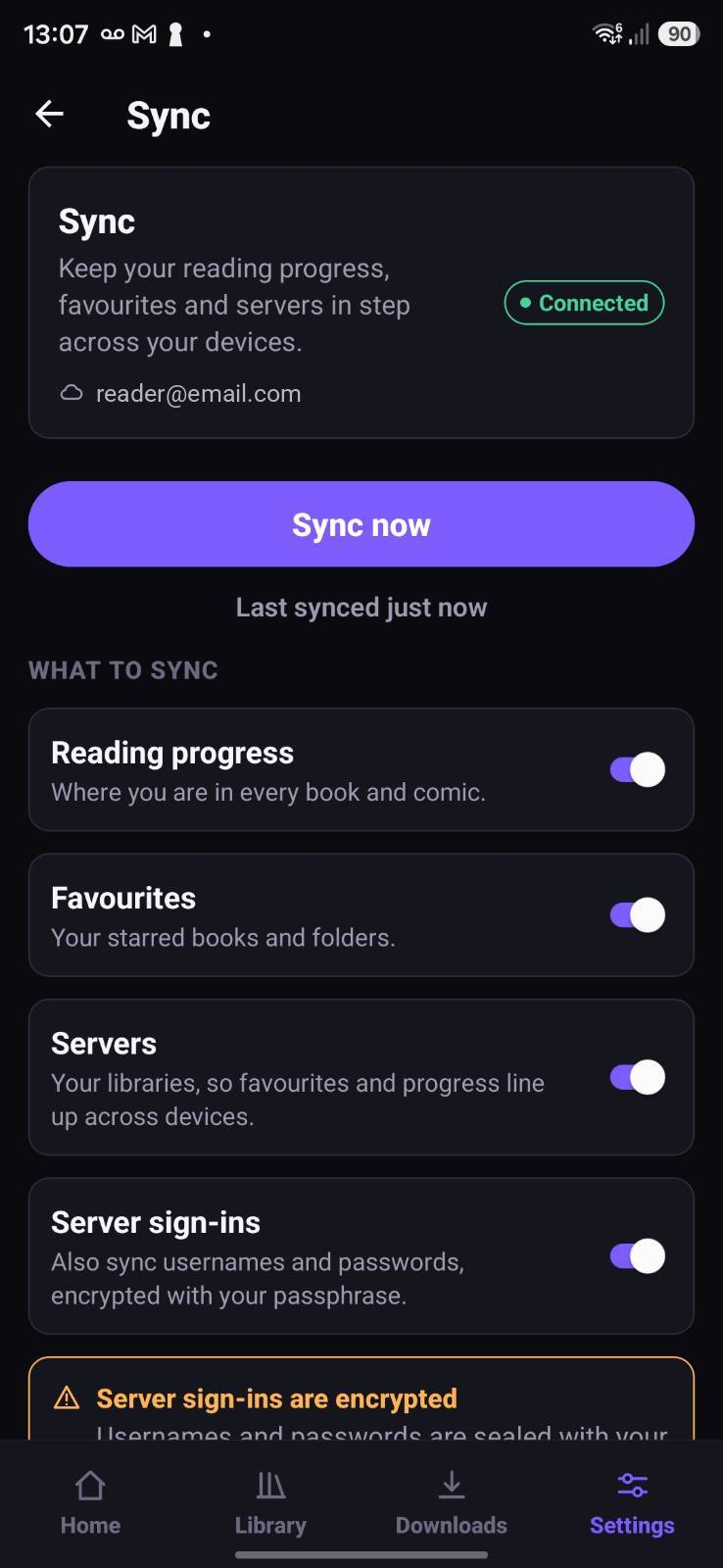 OPDSy sync settings with toggles for reading progress, favourites, servers and encrypted server sign-ins