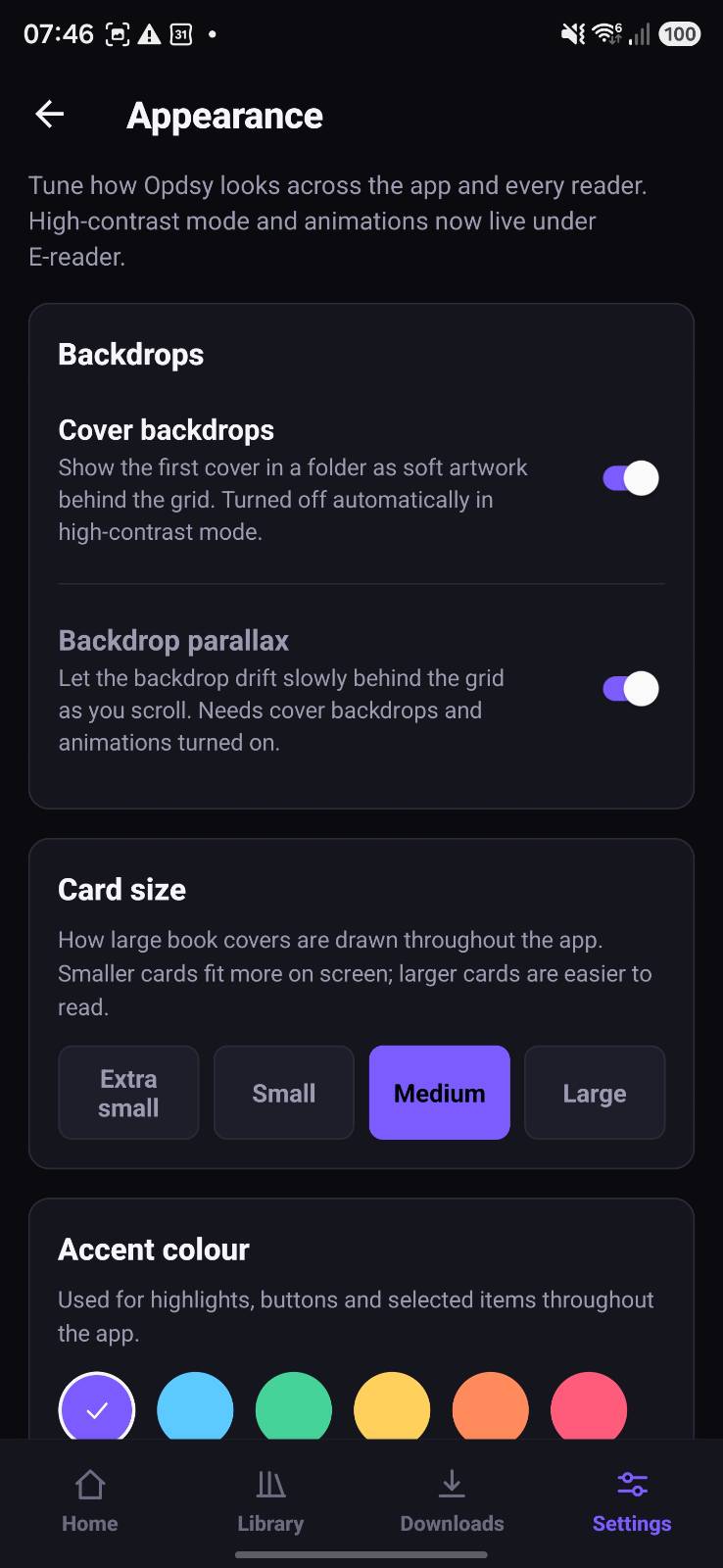 OPDSy appearance settings with cover backdrops, backdrop parallax, card size and accent colour options