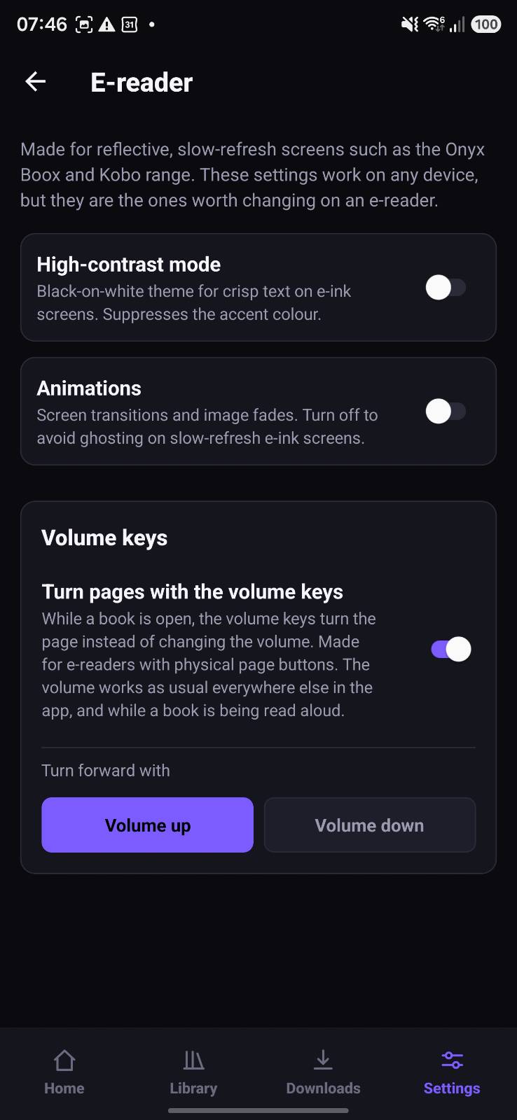 OPDSy e-reader settings for e-ink devices, with high-contrast mode, animations and volume key page turns