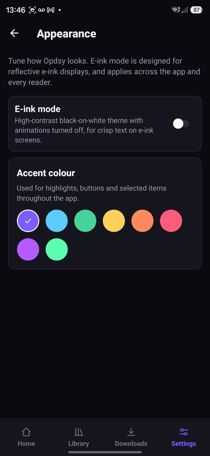 OPDSy reader appearance settings