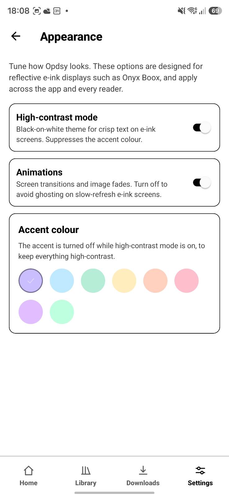 OPDSy ebook reading mode options