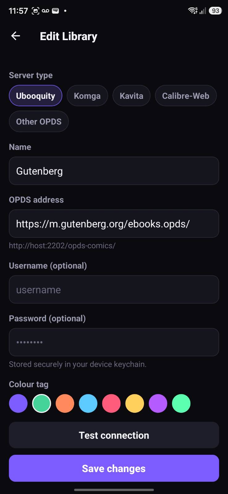 OPDSy editing an OPDS server connection