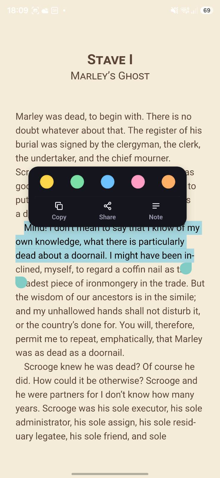 OPDSy text highlighting with colours and copy, share and note actions