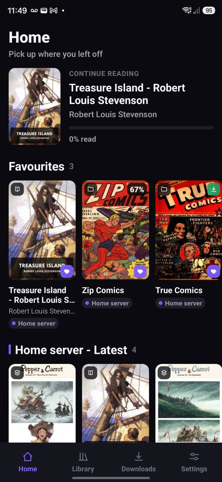 OPDSy home screen with continue reading and favourites