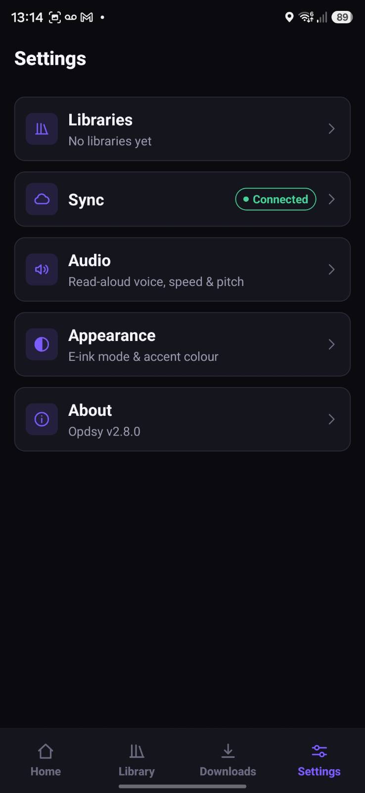 OPDSy settings screen