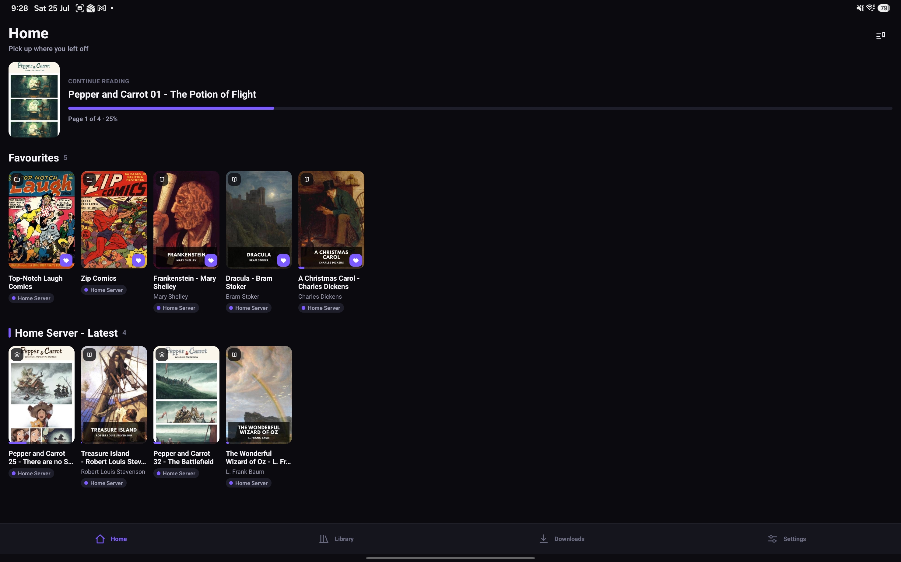 OPDSy on a tablet — home screen with continue reading and favourites