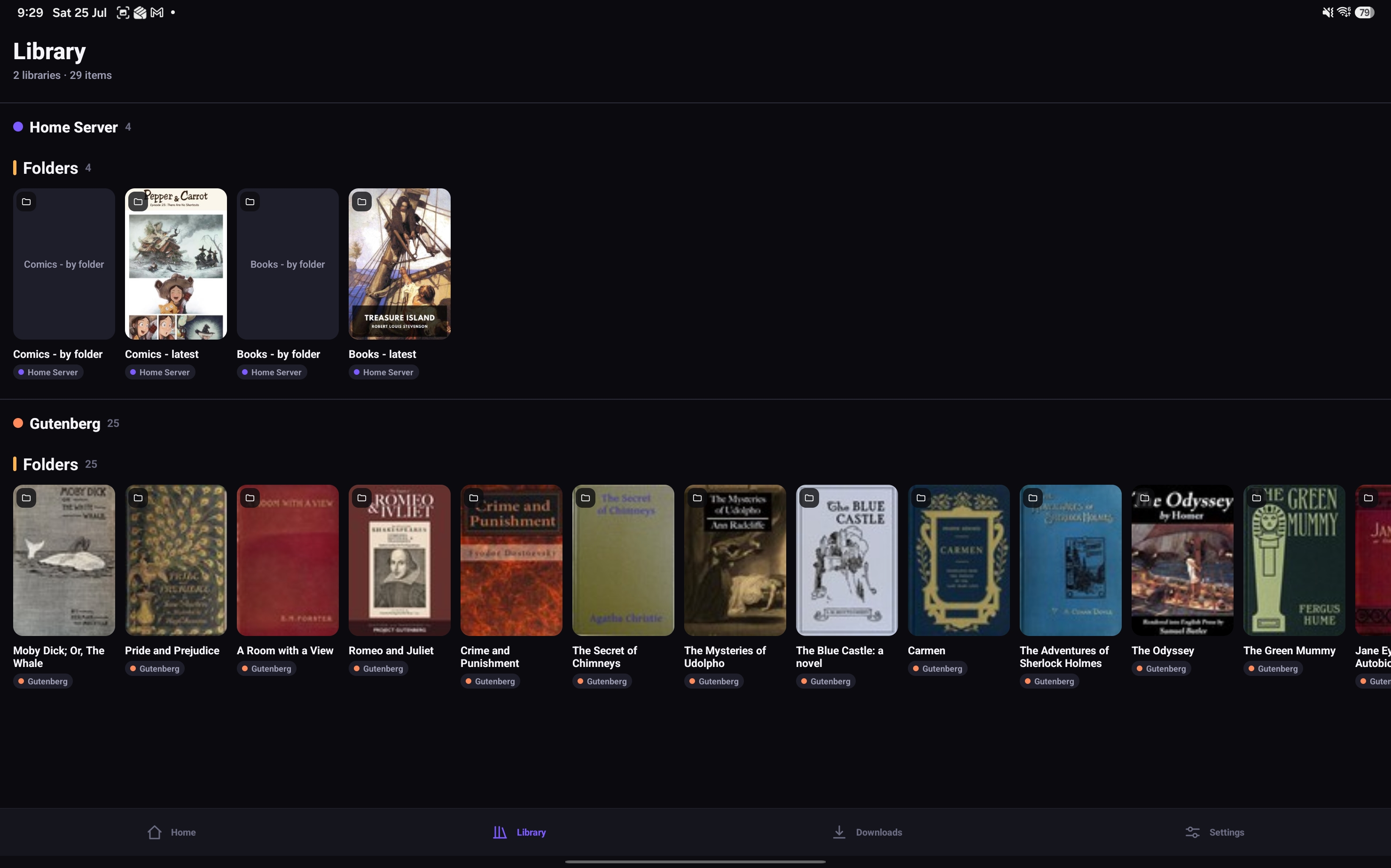 OPDSy on a tablet — unified library browsing view