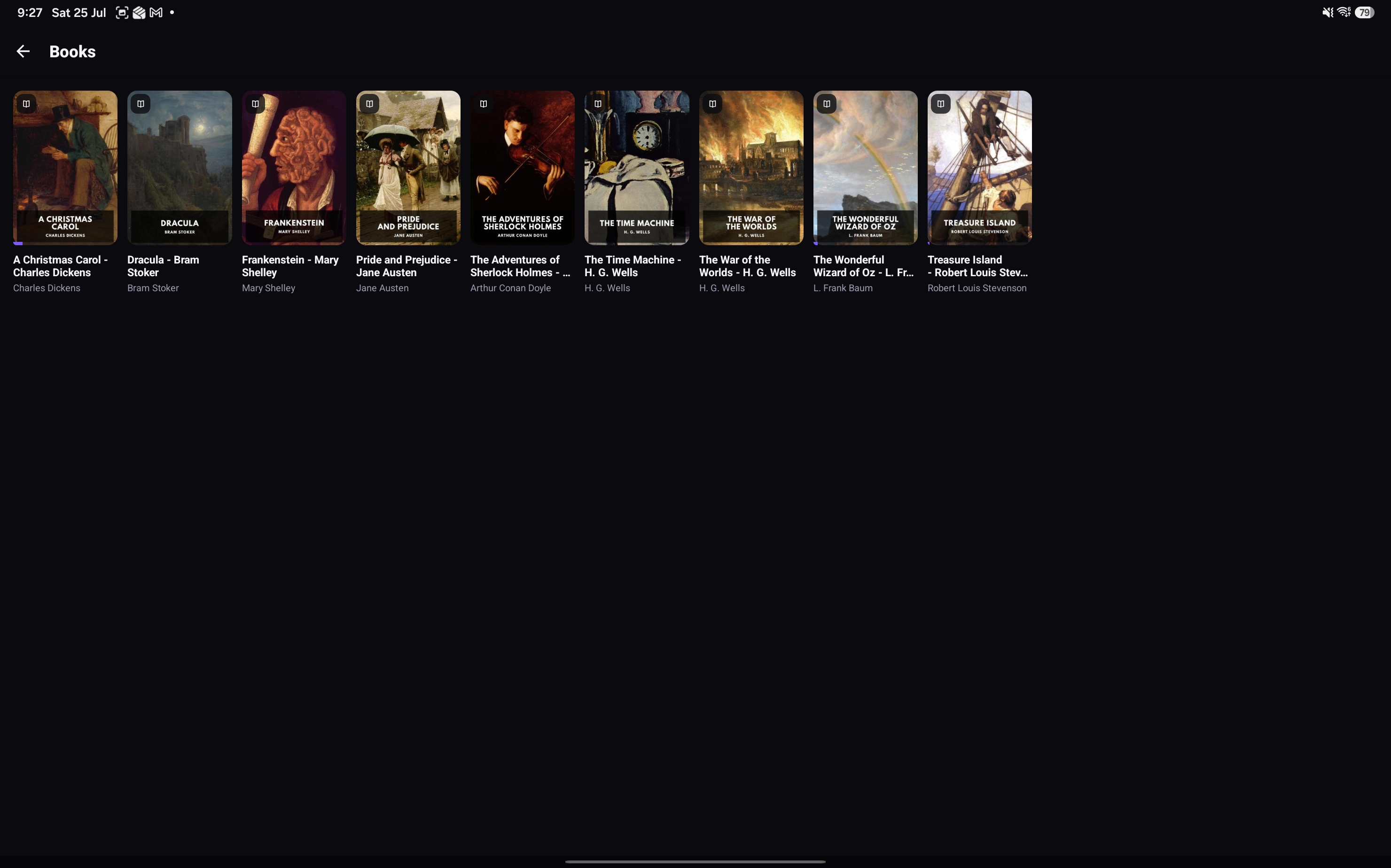 OPDSy on a tablet — book list with cover art