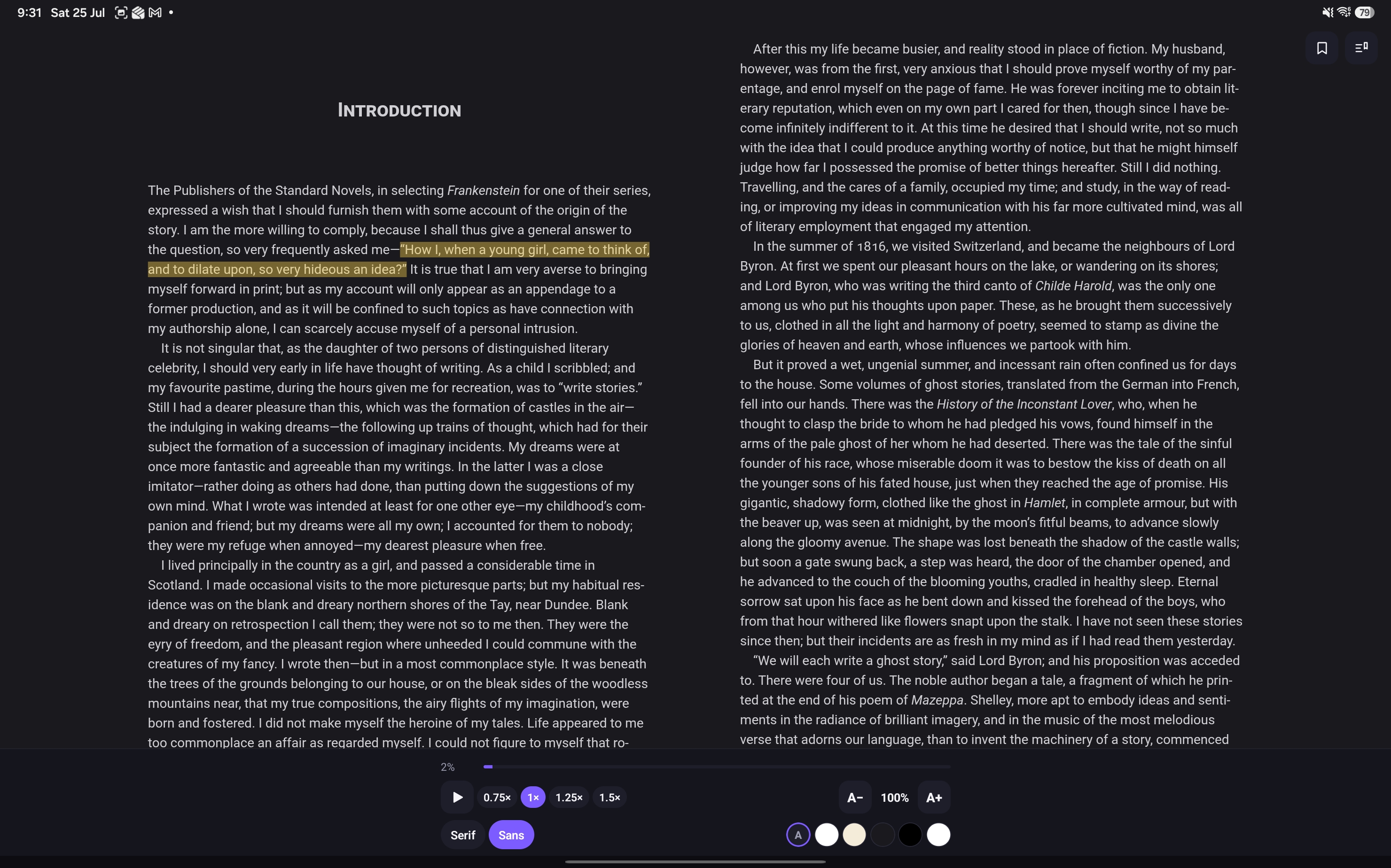 OPDSy on a tablet — ebook reader in a two-page layout with highlighting and audio