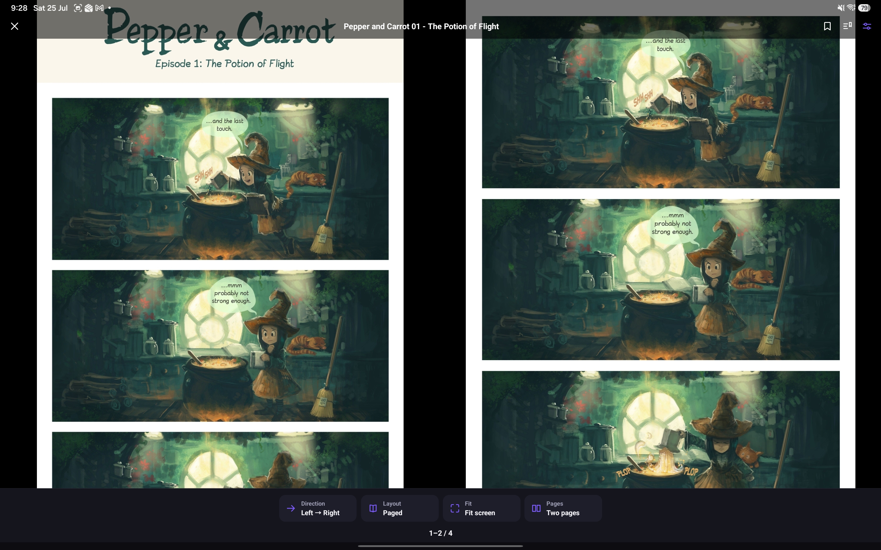 OPDSy on a tablet — comic reader in a two-page spread