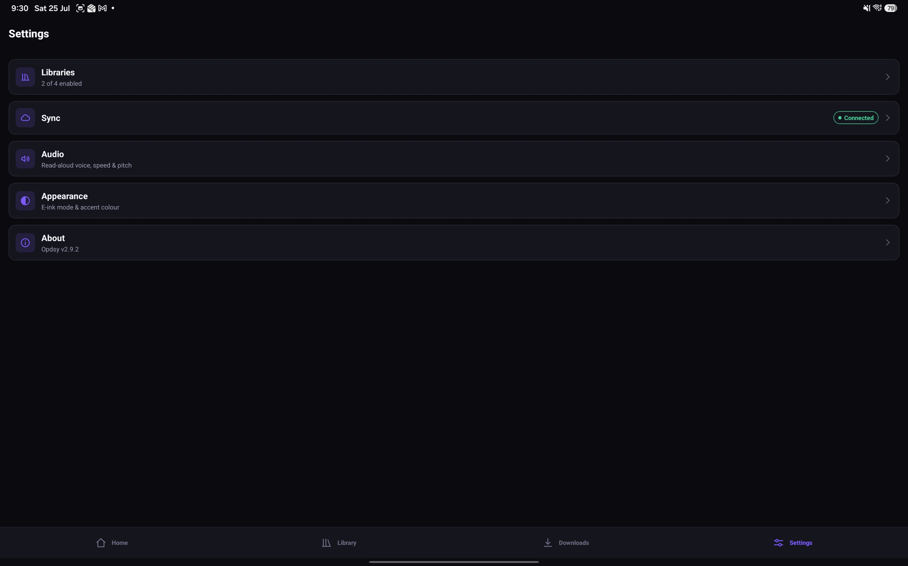 OPDSy on a tablet — settings screen