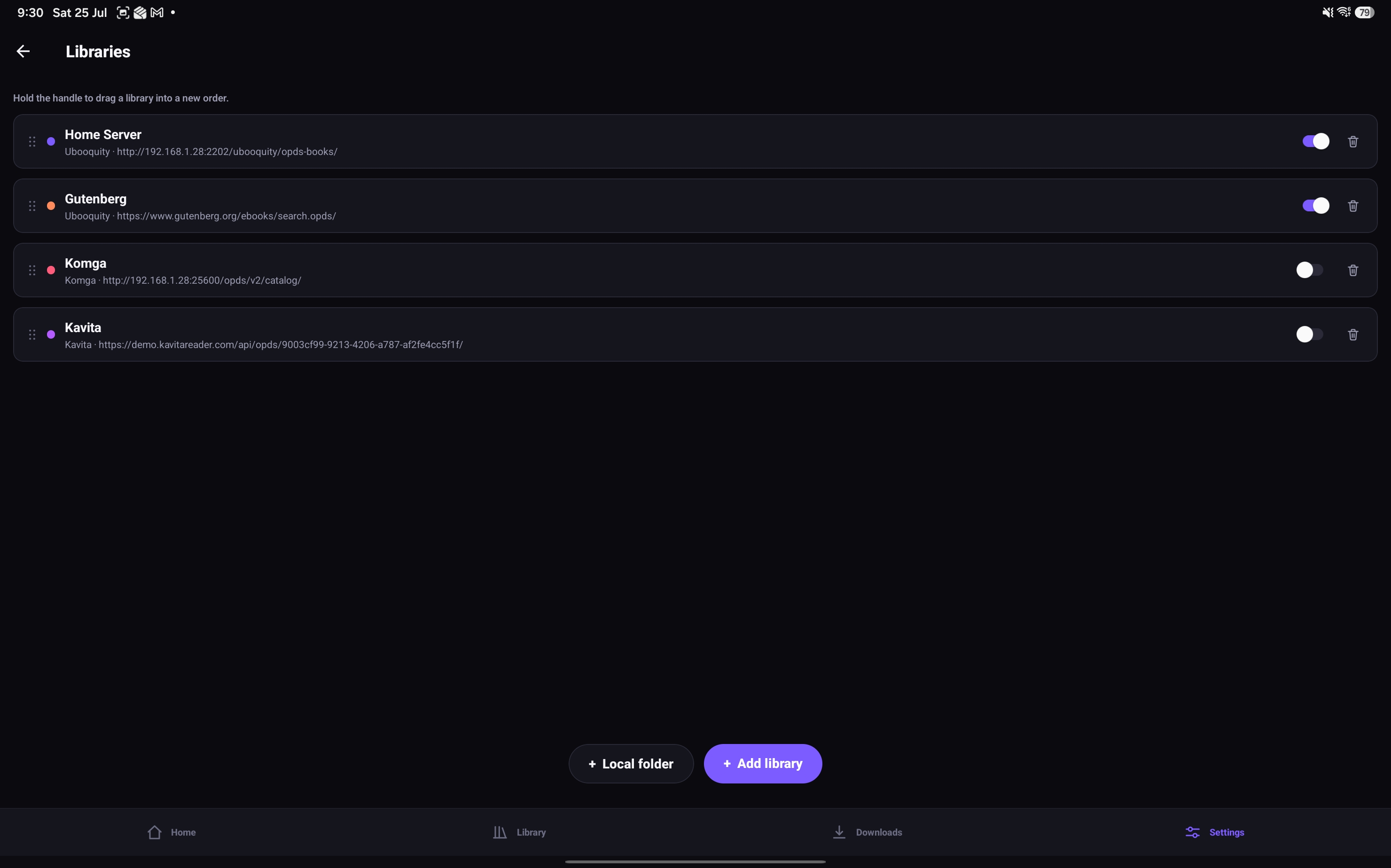 OPDSy on a tablet — connected OPDS servers list