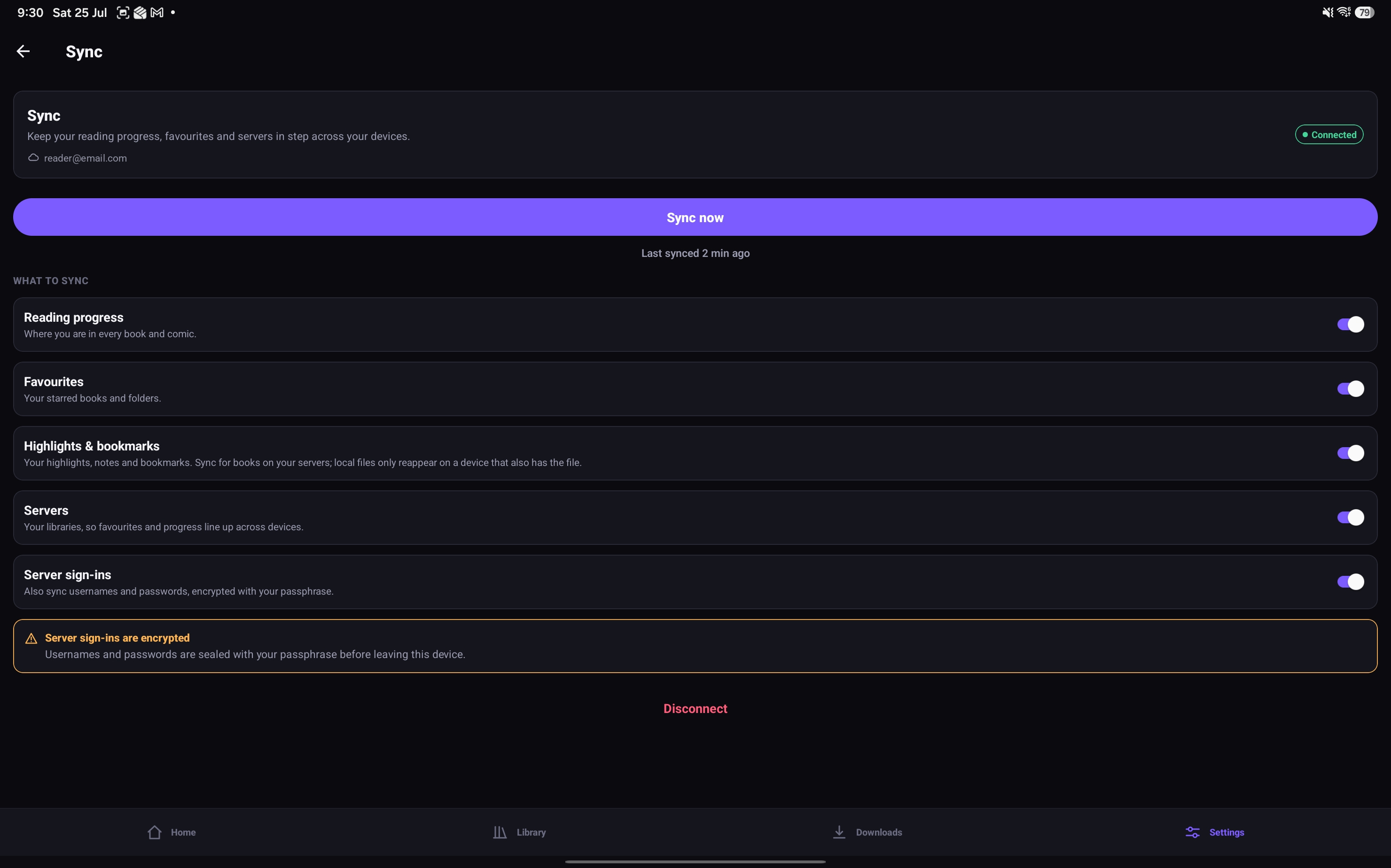 OPDSy on a tablet — cross-device sync settings