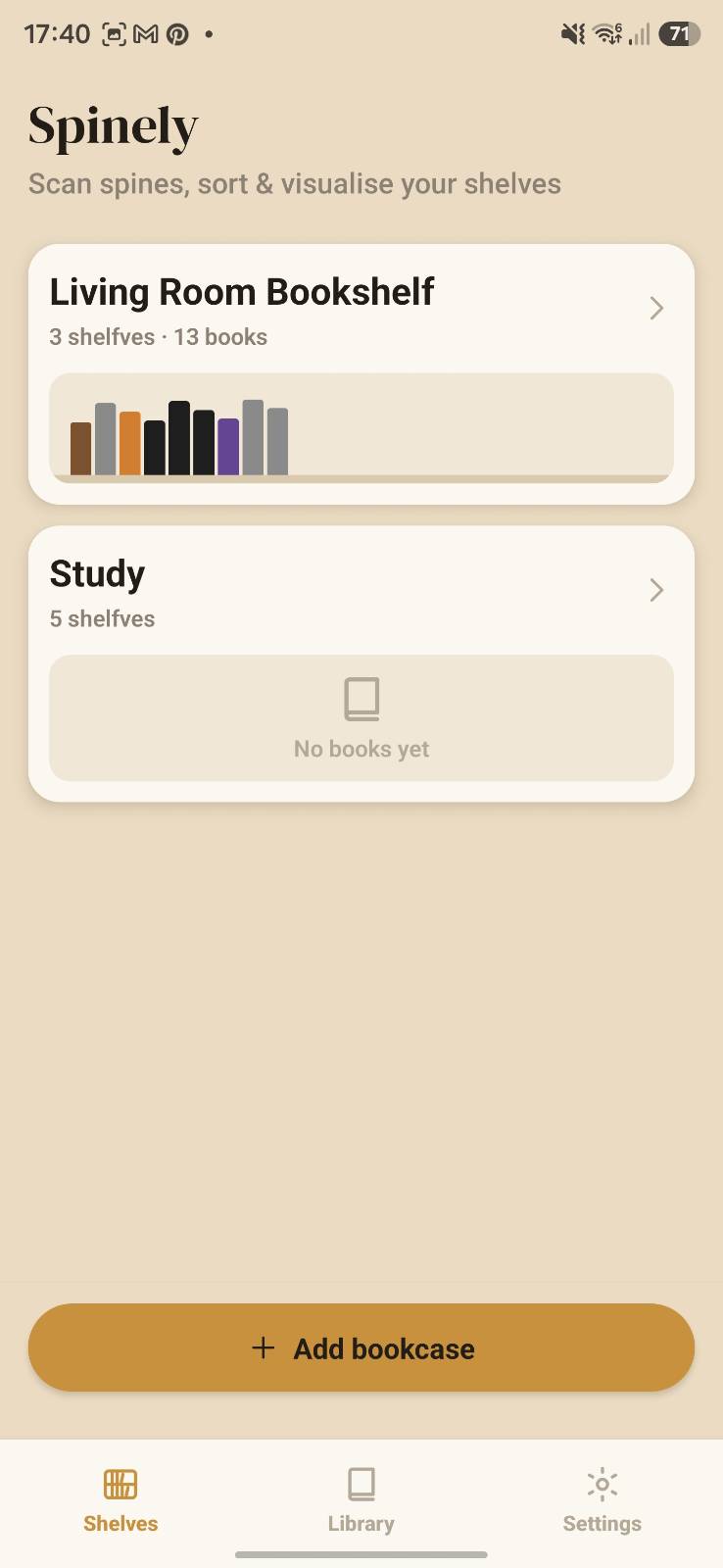 Spinely bookcases overview with an interactive visual shelf