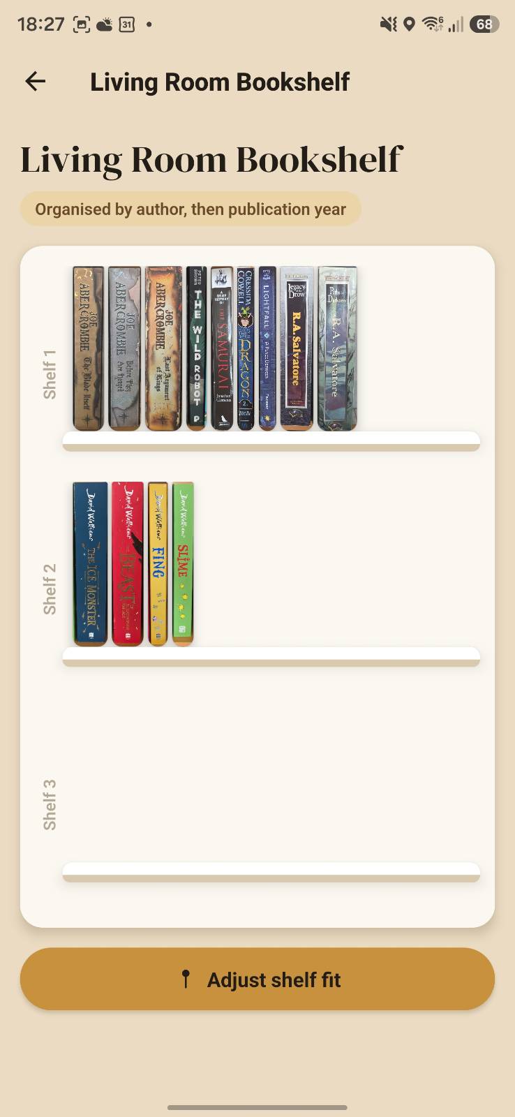 Spinely interactive visual shelf built from real book spine photos, organised by author