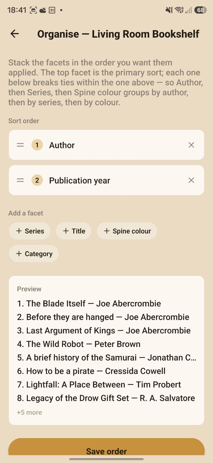 Spinely organise screen stacking sort facets like author, series and spine colour with a live order preview