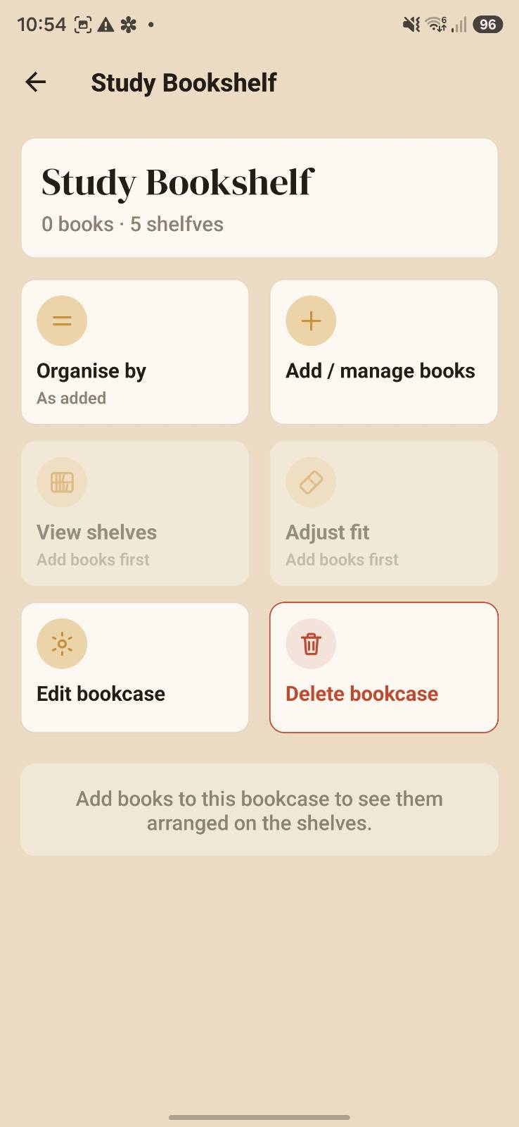 Spinely bookcase detail with organise, add books and fit options