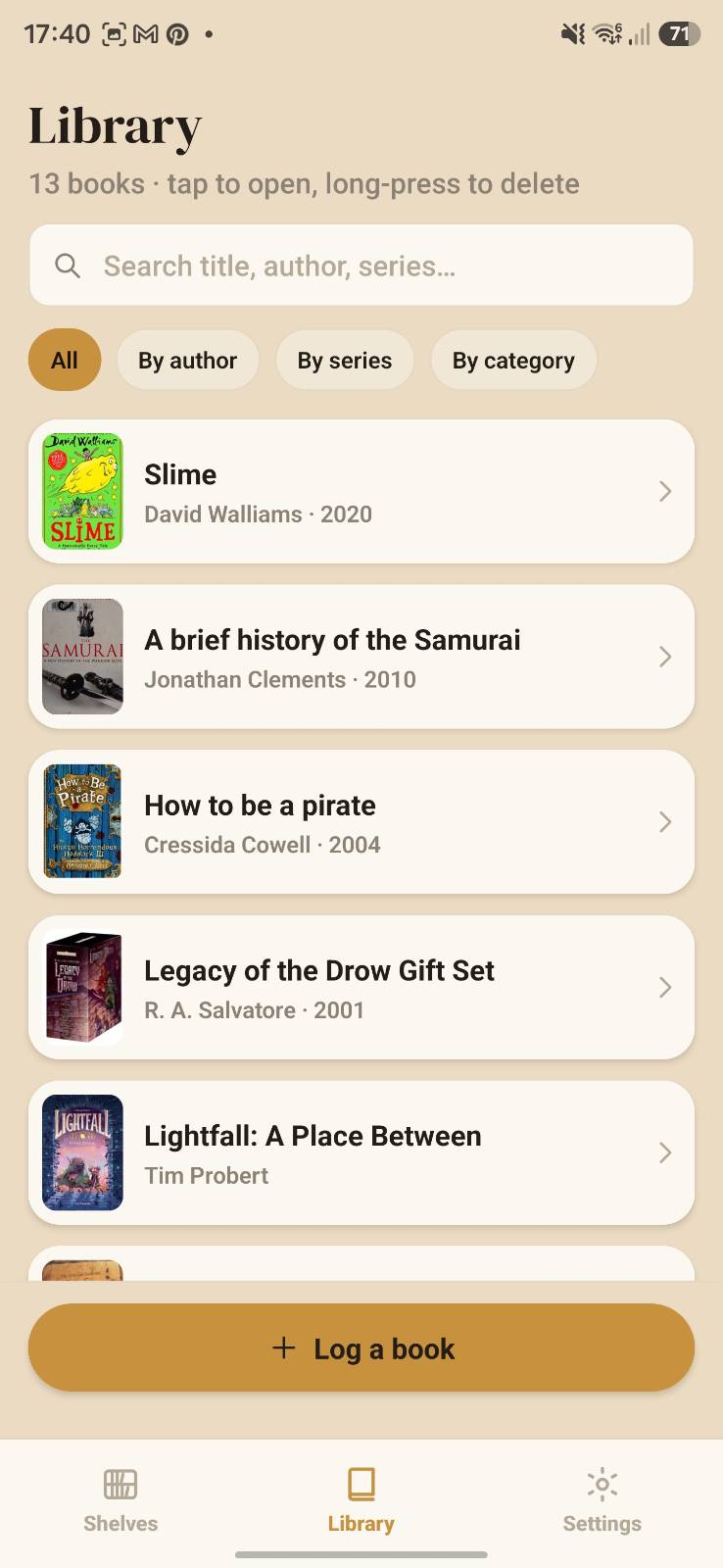 Spinely library of logged books with search and filters