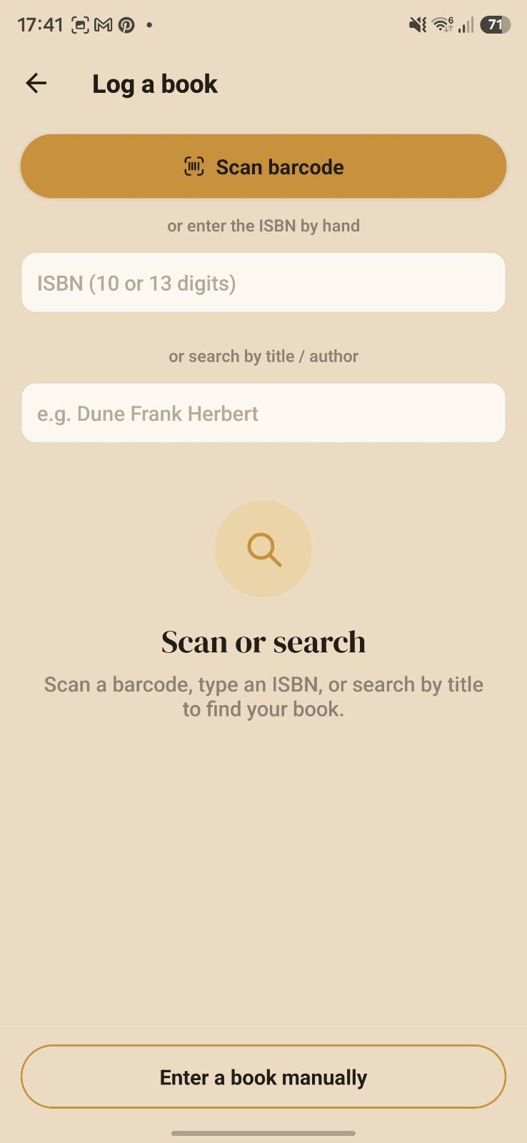 Spinely log a book screen with barcode scan, ISBN and search