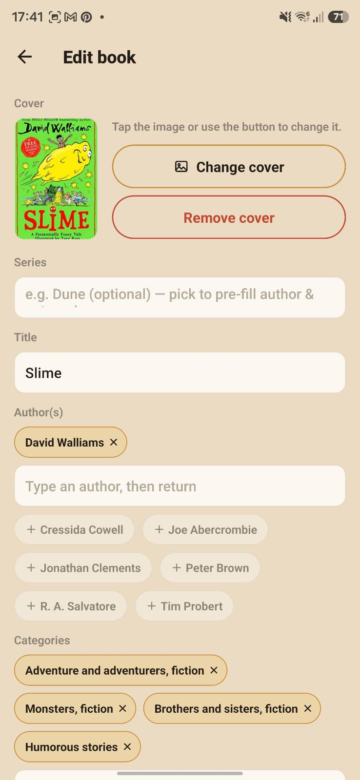 Spinely edit book screen with cover, title, authors and categories