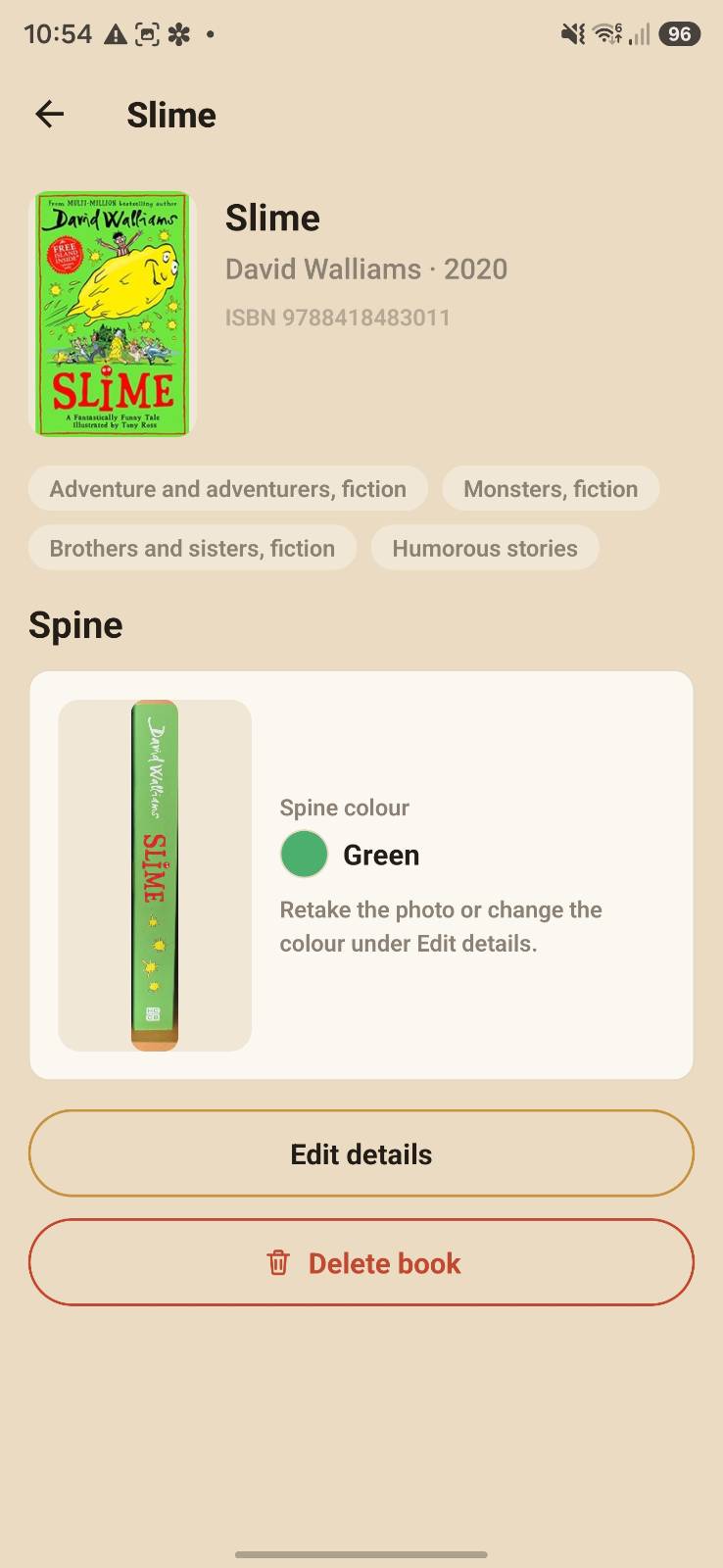 Spinely book detail with captured spine photo and tagged colour