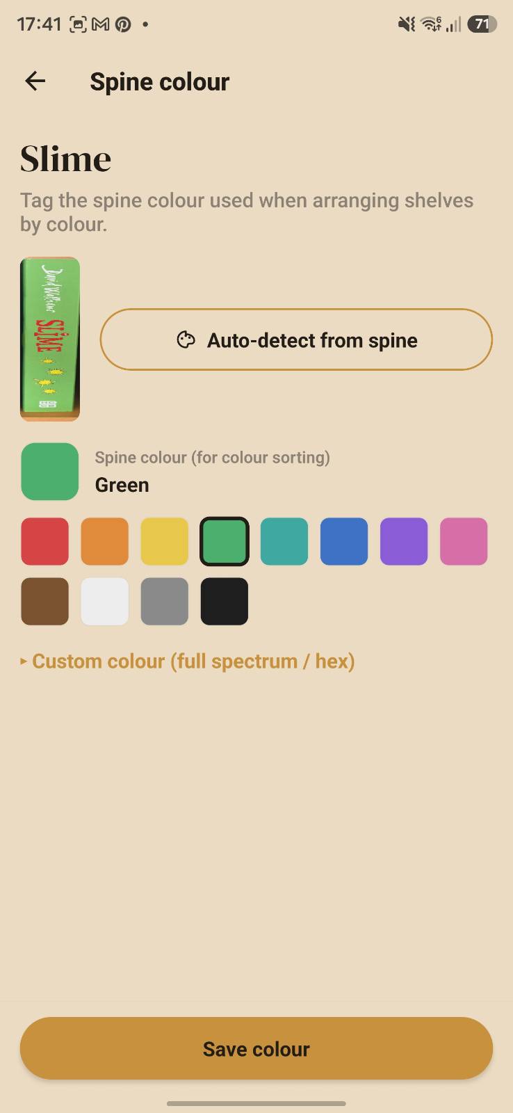 Spinely spine colour picker for colour-based shelf sorting