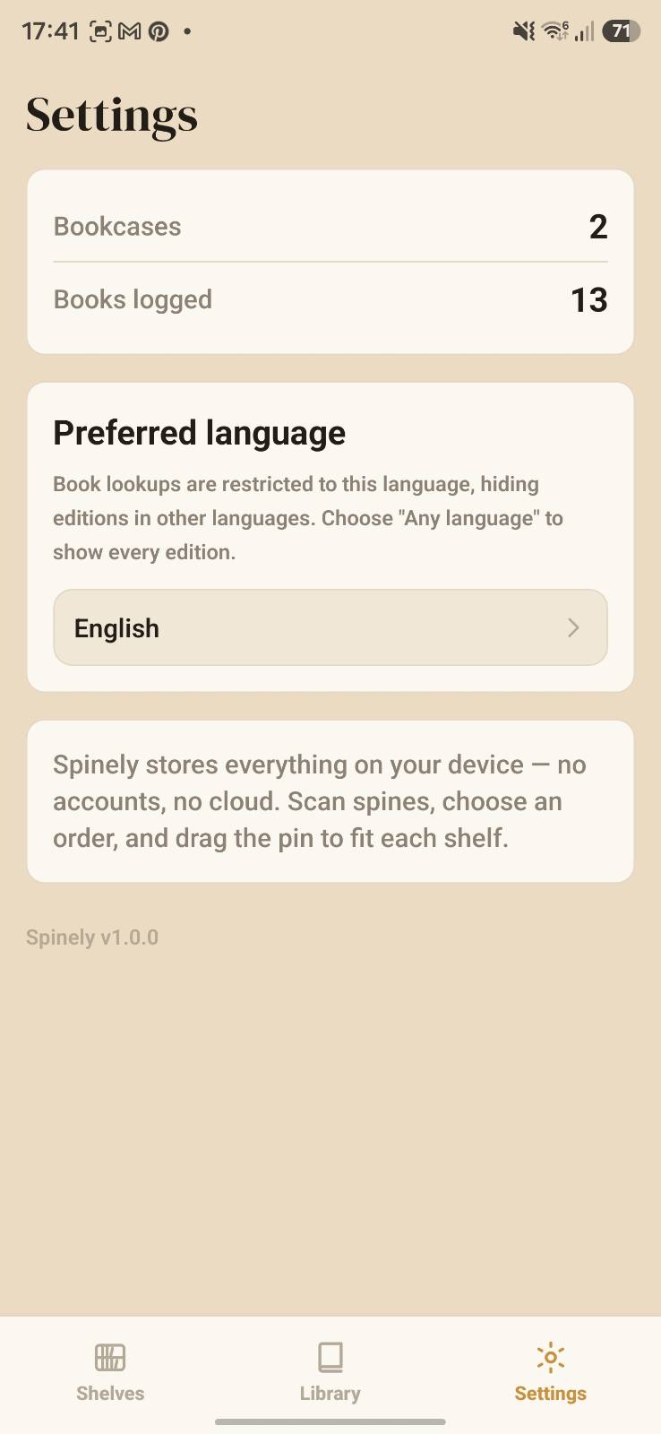 Spinely settings screen with library stats and preferred language