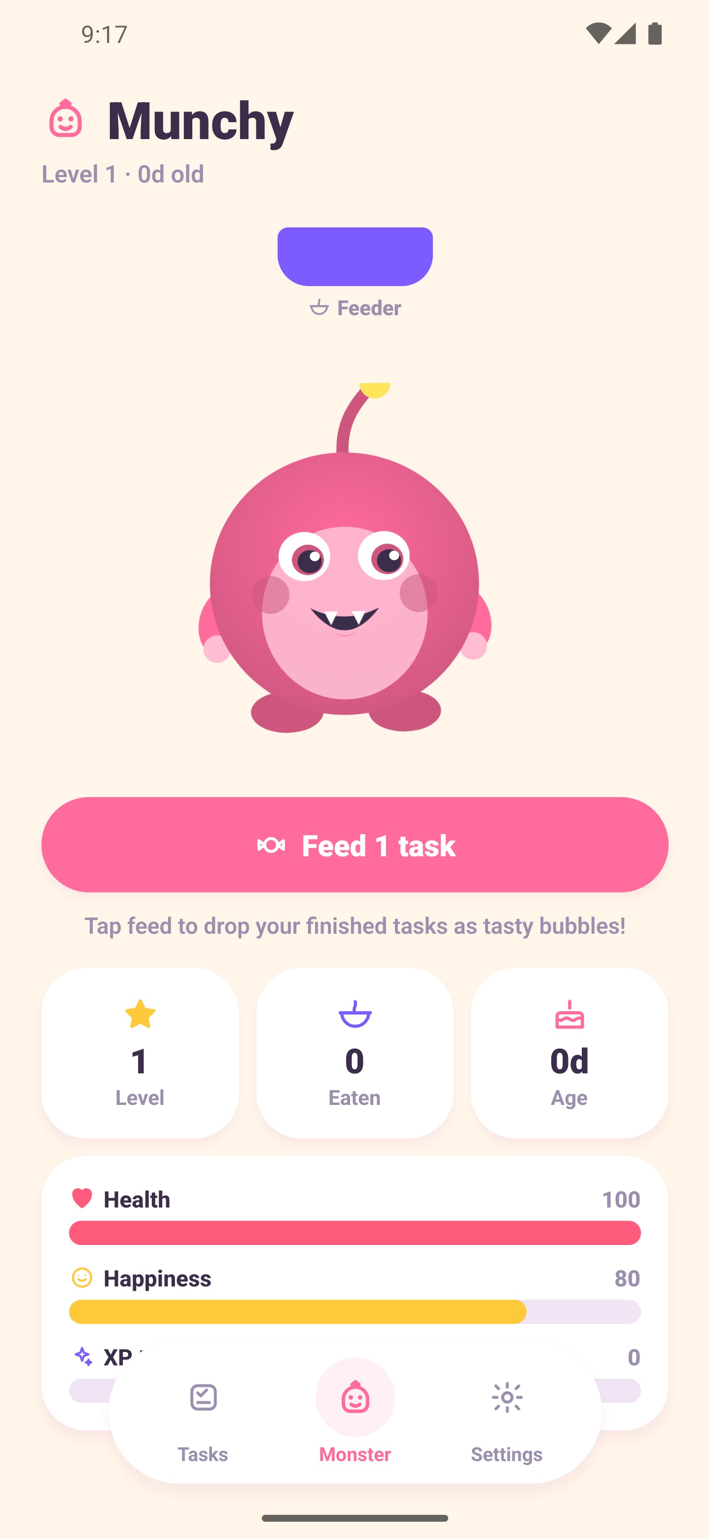 Task Monster monster screen with feed button and stats