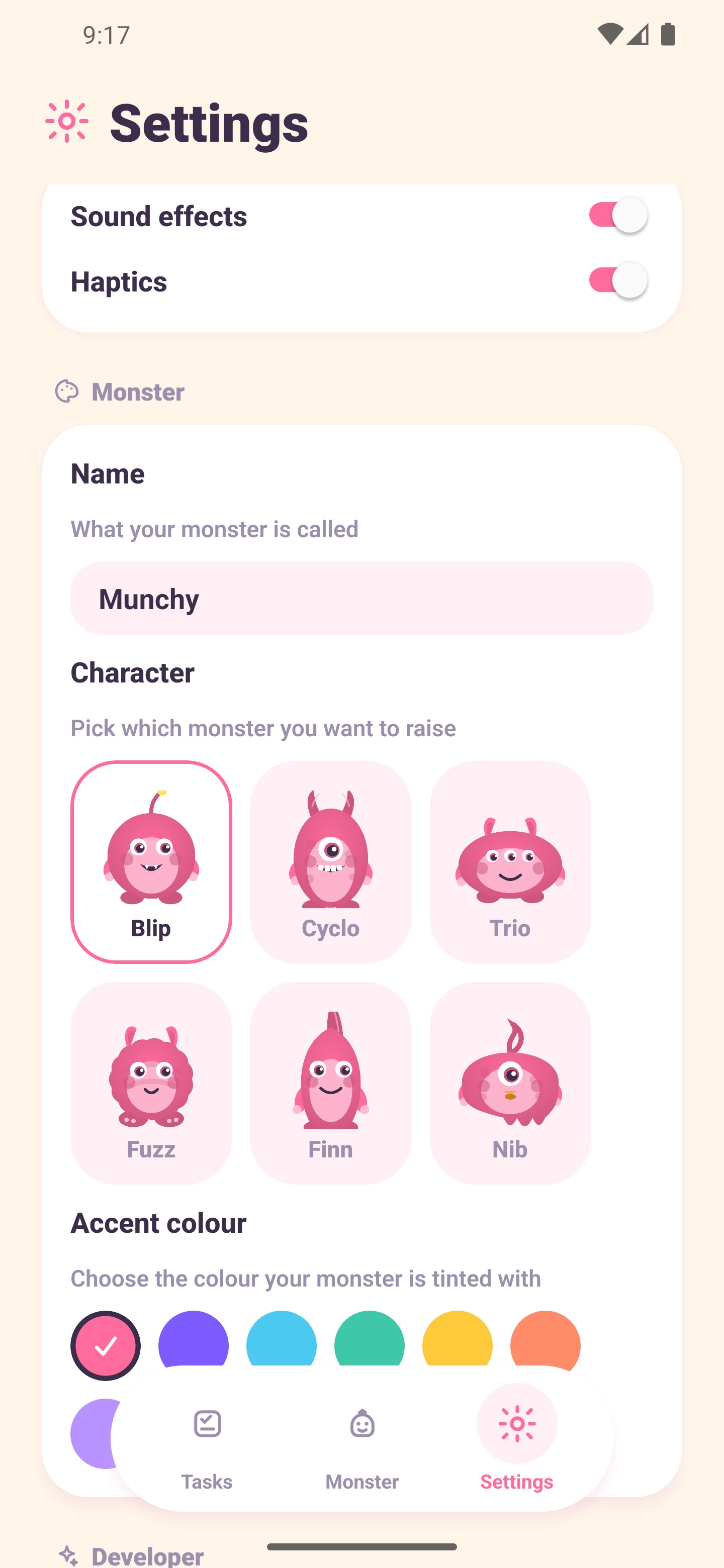 Task Monster character picker showing six monster species and accent colours