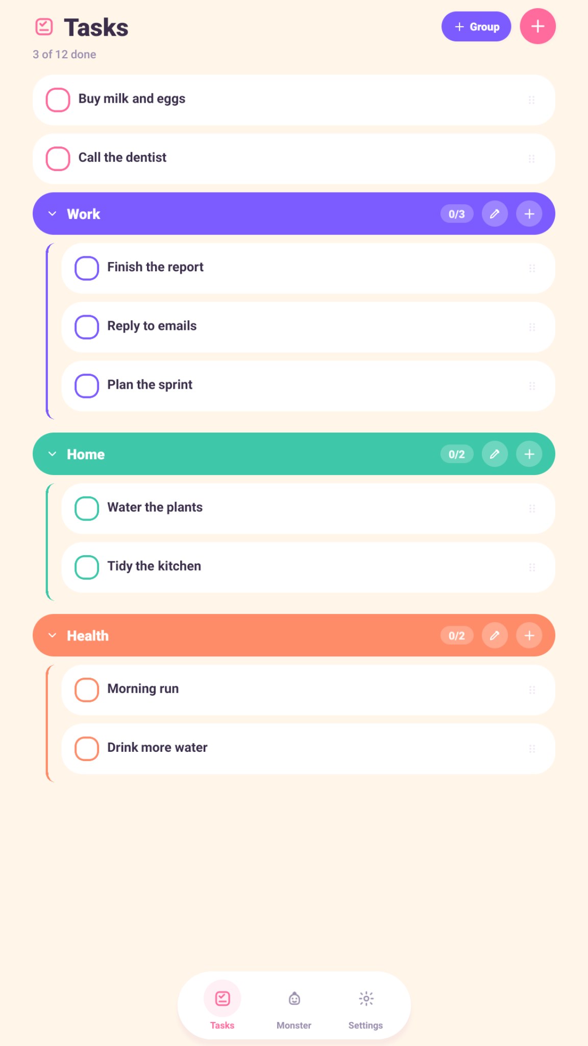 Task Monster on a tablet: task list with colourful groups