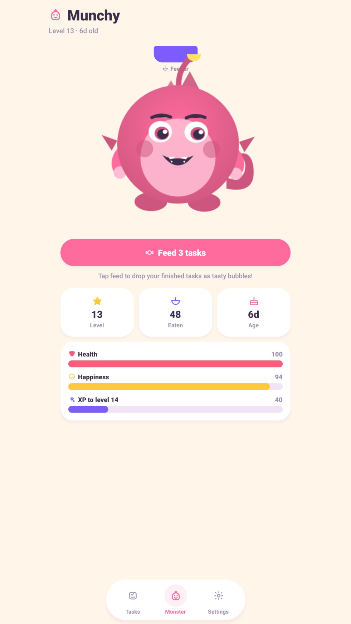 Task Monster on a tablet: monster screen with feed button and stats
