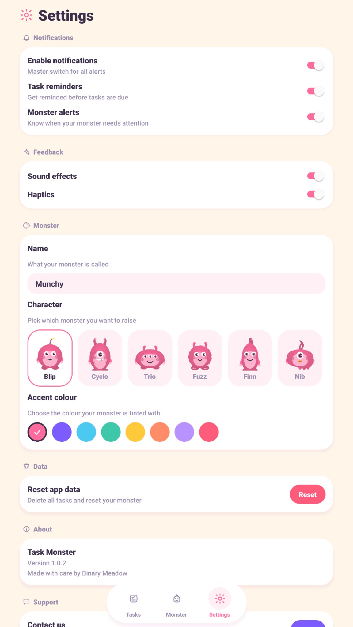 Task Monster on a tablet: settings screen