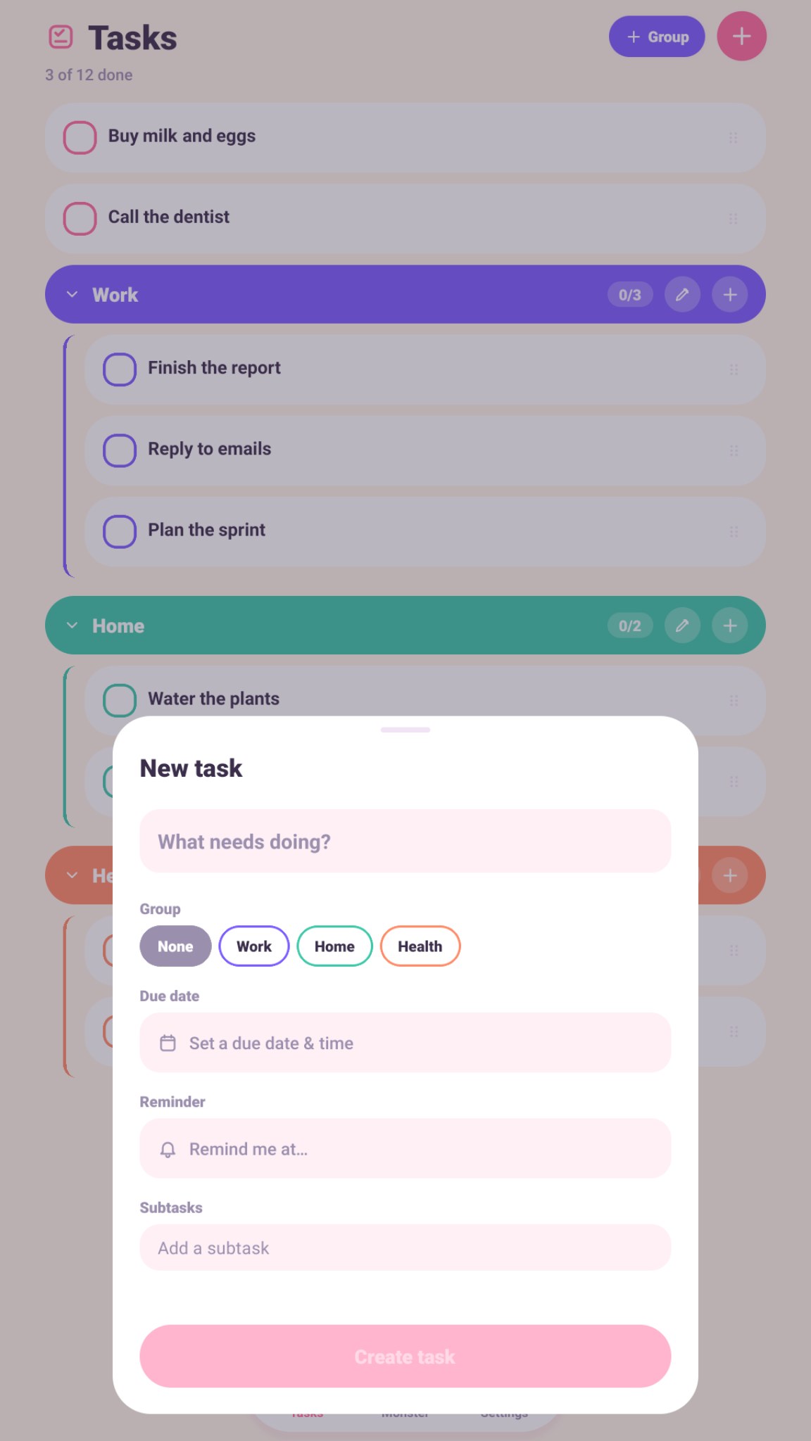 Task Monster on a tablet: new task form with groups, due date and reminder